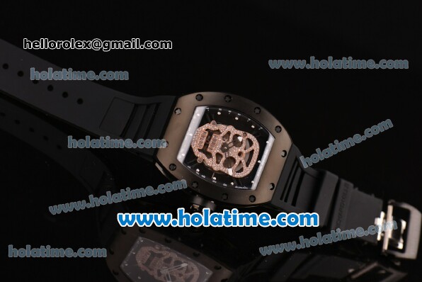 Richard Mille RM 52-01 Miyota 6T51 Automatic PVD Case with Diamonds Skull Dial and Black Rubber Bracelet - Click Image to Close